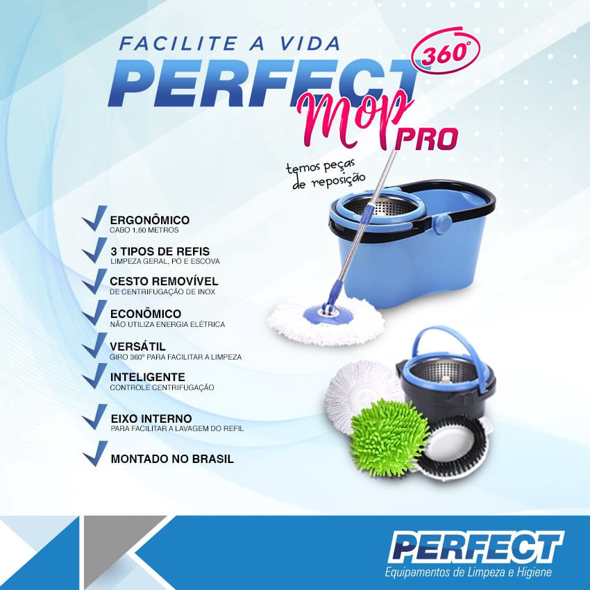 Balde Perfect Mop Pro 360° Giratório Limpeza Geral Esfregão 12l