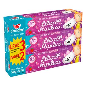 Pack Gel Dental Infantil com Flúor Morango Lilica Ripilica Condor Kids+ Caixa 50g Cada Leve 3 Pague 2 Unidades