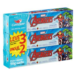 Pack Gel Dental com Flúor Morango Avengers Condor Kids+ Caixa 50g Cada Leve 3 Pague 2 Unidades