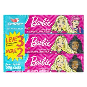 Pack Gel Dental com Flúor Morango Barbie Condor Kids+ Caixa 50g Cada Leve 3 Pague 2 Unidades