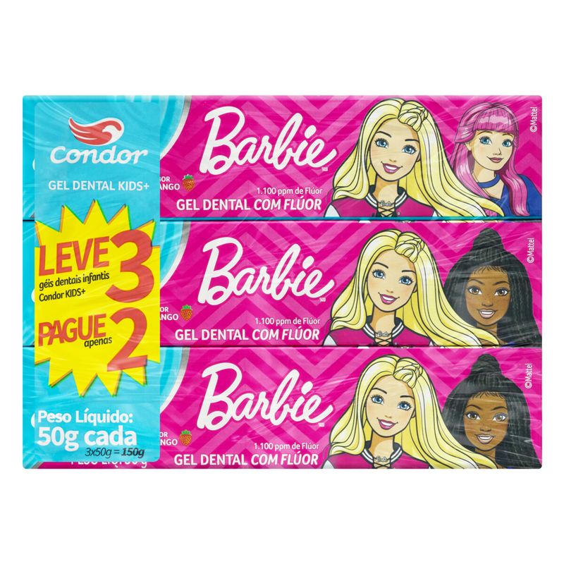 Pack Gel Dental com Flúor Morango Barbie Condor Kids+ Caixa 50g Cada Leve 3 Pague 2 Unidades