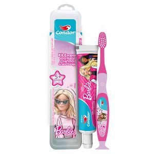 Kit Escova + Gel Dental com Flúor Morango Barbie 50g Condor Kids+ Grátis Estojo Protetor