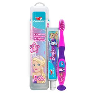 Kit Escova + Gel Dental com Flúor Tutti Frutti Barbie 50g Condor Kids Grátis Estojo Protetor