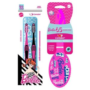 Escova Dental Macia Barbie 65 + Escova para Cabelo Oval Barbie 65 Condor