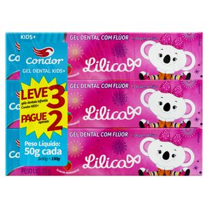 Pack Gel Dental Infantil com Flúor Morango Lilica Ripilica Condor Kids+ Caixa 50g Cada Leve 3 Pague 2 Unidades