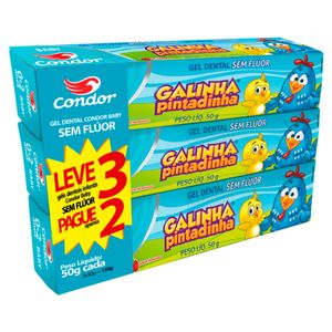 Pack Gel Dental sem Flúor Morango Galinha Pintadinha Condor Baby Caixa 150g Leve 3 Pague 2 Unidades