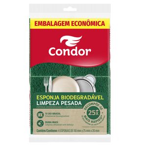 Esponja Biodegradável Limpeza Pesada Condor 4 Unidades Embalagem Econômica